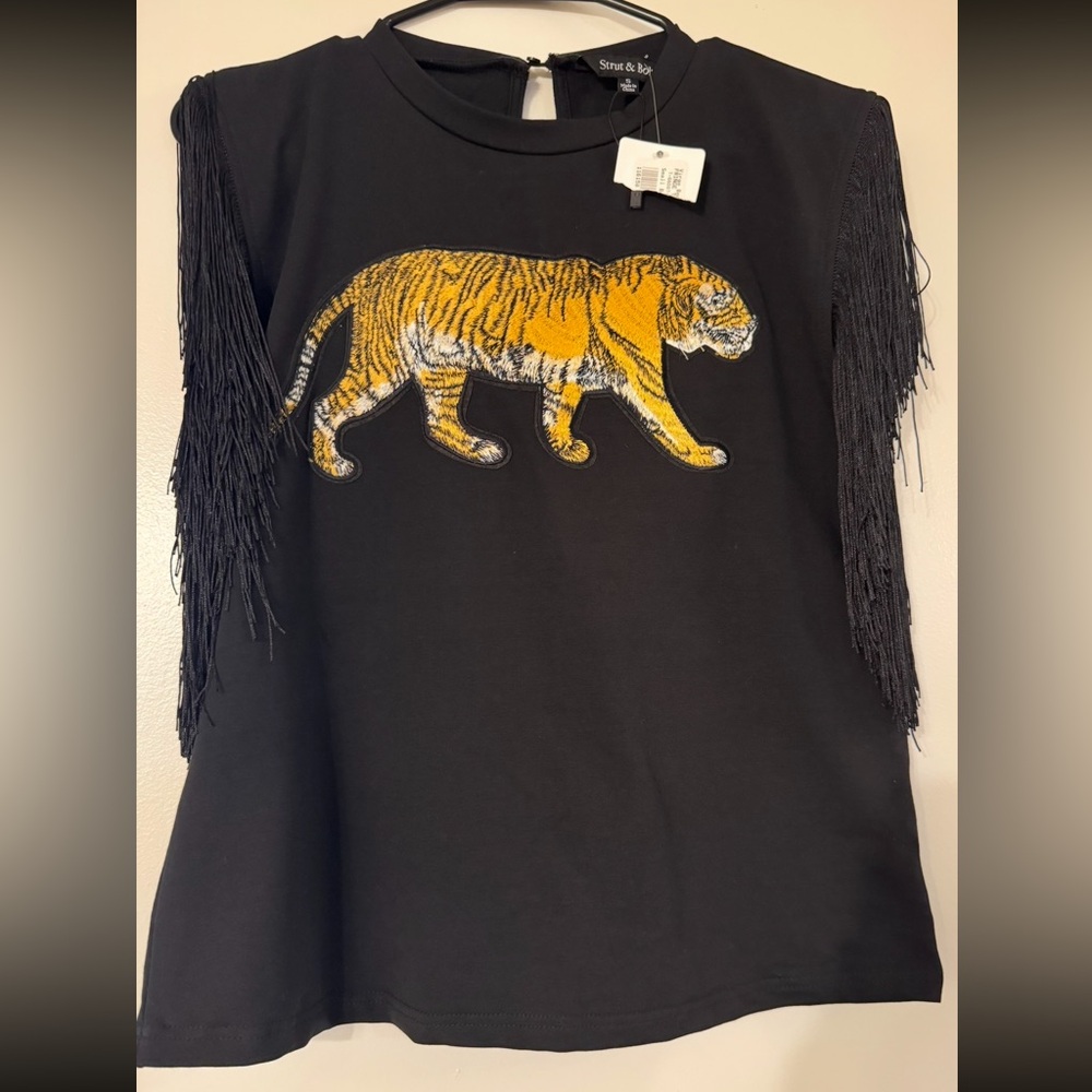 Black Top with Tiger Embroidery and Fringe Sleeves